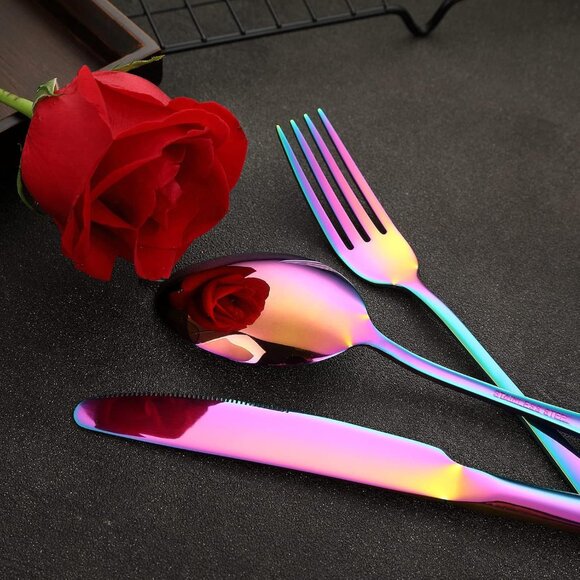 🆕Rainbow Silverware Stainless Steel Colorful Utensils Knife Fork Spoon Polished - Picture 2 of 7